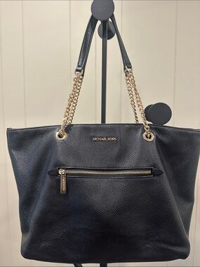 Michael Kors Black Pebbled Leather Tote with Gold Chain Straps